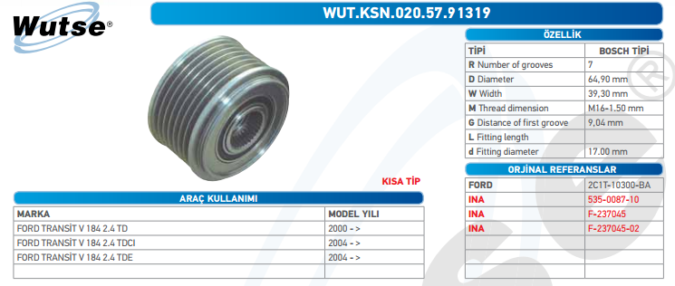 ALTERNATÖR KASNAĞI (BOSCH TİPİ) F.TRANSİT V184 2,4TDCİ 00- 95A