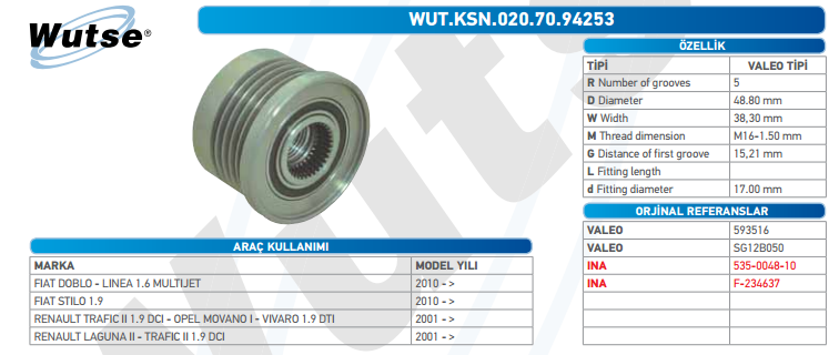 ALTERNATÖR KASNAĞI (VALEO TİPİ) 100A 5K MOVANO 01/TRAFFIC II 01