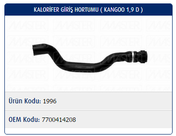 KALORİFER GİRİŞ HORTUMU RENAULT KANGOO 1.9D / CLIO I 1.9D