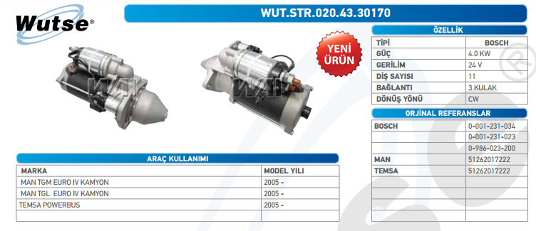 MARŞ MOTORU 24V (BOSCH TİPİ) 4,0KW 11T MAN TGM-TGL EUR