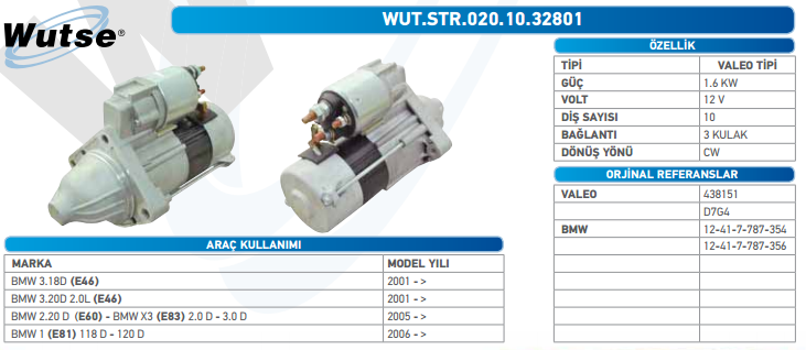 MARŞ MOTORU 12V (VALEO TİPİ) 10T 1.6KW BMW( E46) 3.