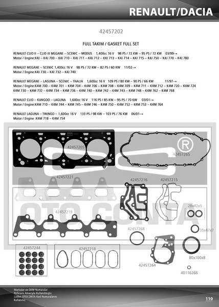 MOTOR TK. CONTASI (SUBAP LASTİKLİ) RENAULT MEGANE 1.4-1.6 16V / CLİO 1.4-1.6 16V / LAGUNA 1.4-1.6 16V / DACIA LOGAN 1.4-1.6 16 V