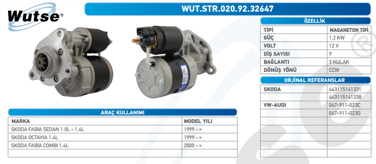 MARŞ MOTORU 12V (MAGNETON TİPİ) SKODA FABIA 1.4 99-