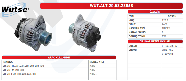 ALTERNATÖR 24V 120A VOLVO 400/420/440/460/480/52