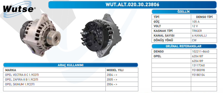 ALTERNATÖR 12V (DENSO TİPİ) 105A OP VECTRA C 1.9CDTI 04-