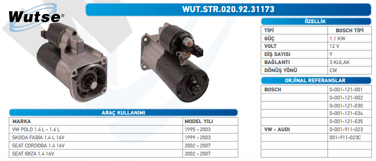 MARŞ MOTORU 12V (BOSCH TİPİ) VW POLO 1.4-1.6 95-03