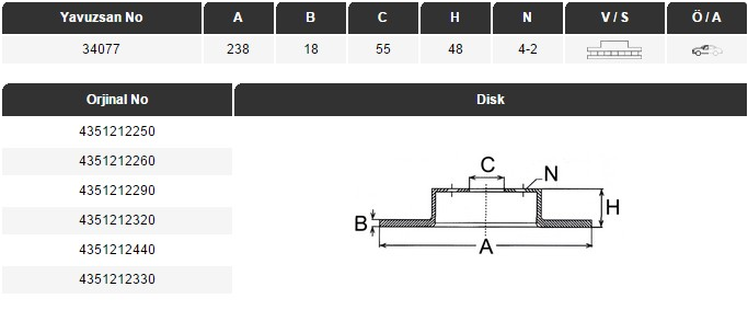 FREN DİSKİ (ÖN)(238MM) TY COROLLA 87-92 KRB C55