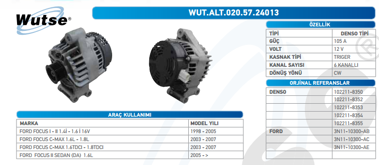 ALTERNATÖR 12V 105A FORD FOCUS I - II 1.4İ - 1.6İ