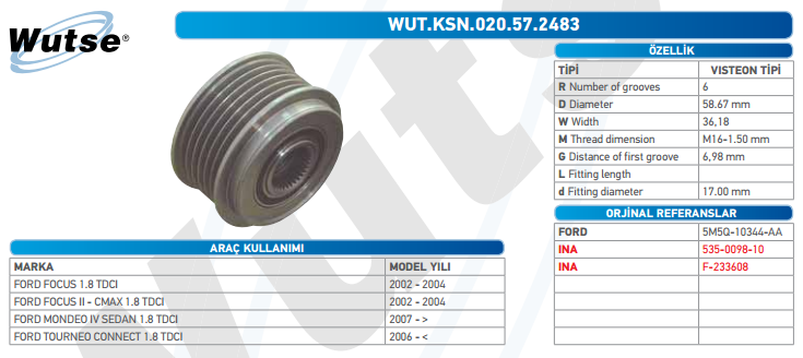 ALTERNATÖR KASNAĞI (VISTEON TİPİ) 90A 6K FOCUS 02-/CONNECT 08-