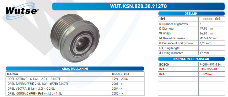 ALTERNATÖR KASNAĞI (BOSCH TİPİ) OPEL ASTRA 1,6-2,0VECTRA-ZAFIRA