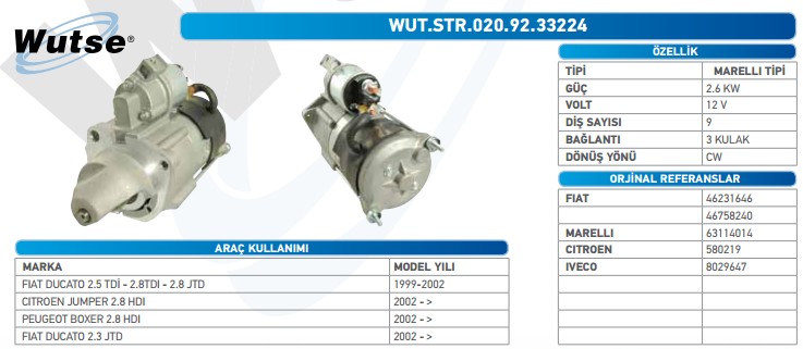 MARŞ MOTORU 12V (MARELLI TİPİ) 2,6KW 9T DUCATO 2,5T