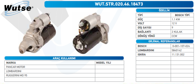 MARŞ MOTORU 12V (BOSCH TİPİ) 1,1KW 9T PANCAR MOTOR