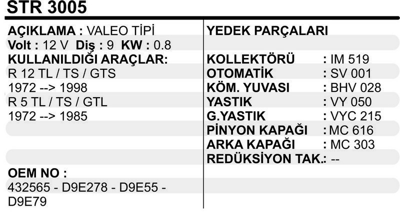 MARŞ MOTORU RENAULT R12 D9 (432565)