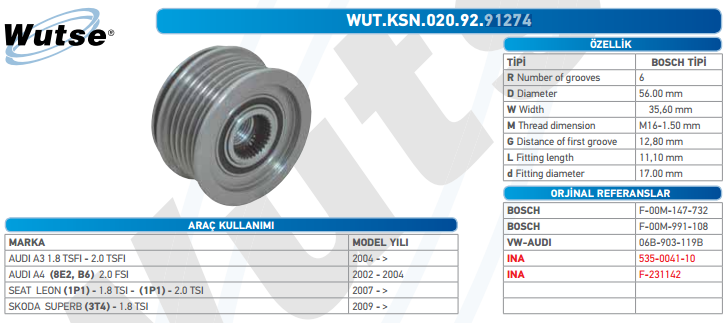 ALTERNATÖR KASNAĞI (BOSCH TİPİ) AUDI A3 1.8TFSİ 04-/A4/VWAGEN