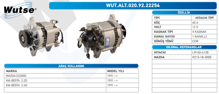 ALTERNATÖR 12V 60A MAZDA E2200 - KIA BESTA