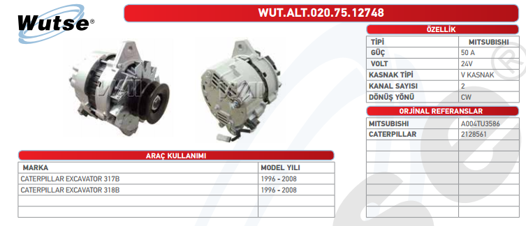 ALTERNATÖR 24V 50A CAT 317B/318B/JDERE450/600CLC/800