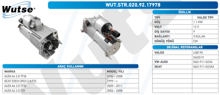 MARŞ MOTORU 12V (VALEO TİPİ) 1,1KW 9T AUDI A4-A6