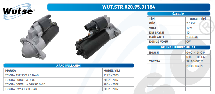 MARŞ MOTORU 12V (BOSCH TİPİ) 2,0KW 10T TOYOTA