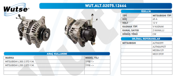 ALTERNATÖR 12V (MITSUBISHI TİPİ) 65A MITSUBISHI L300