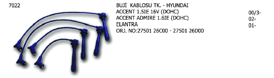 BUJİ KABLOSU TK. HYUNDAI ACCENT 05-10 / COUPE 02-09 / ELANTRA 00-06 / GETZ 02-09 / İ30 07-12 / LANTRA 95-00 / MATRIX 01-10 / TUCSON 04-10 / KIA CARENS 04- / CERATO 04- / RIO 05- / SPORTAGE 04-