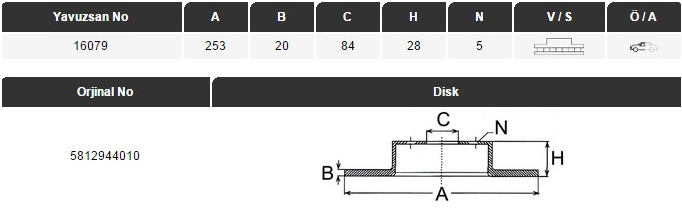 FREN DİSKİ (ÖN)(HAVALI)(253MM) HYUNDAI H100 2.4-2.5D 93- / H100 2.5TD 97- / SATELLİTE 2.4-2.5D 94-