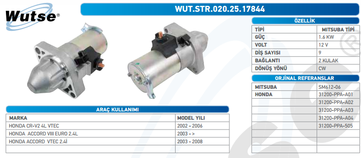 MARŞ MOTORU 12V (MITSUBISHI TİPİ) 1,2 KW9T HON.CR