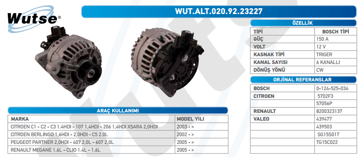 ALTERNATÖR 12V (BOSCH TİPİ) 150A C2-C3 1,4 03-