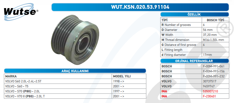 ALTERNATÖR KASNAĞI (BOSCH TİPİ) VOLVO S60 2,0L - 2,4L- 2,5T 98-