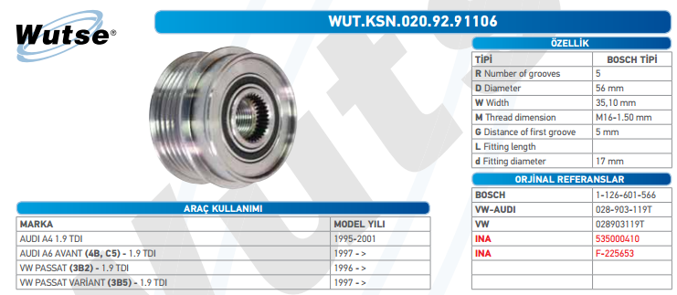 ALTERNATÖR KASNAĞI (BOSCH TİPİ) AUDI A4 1.9 95-01 70A-90A-120A