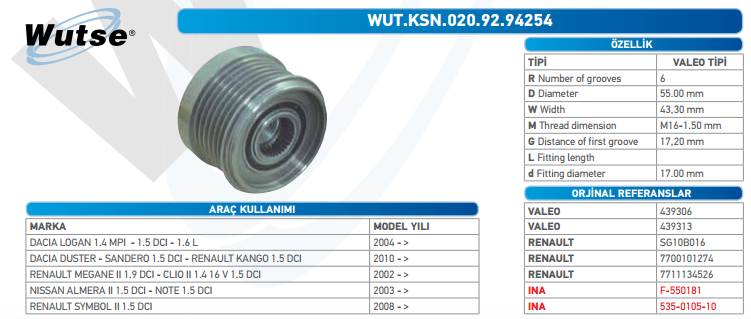 ALTERNATÖR KASNAĞI (VALEO TİPİ) 110A125A 6K CLIO II-MEGANE 03-