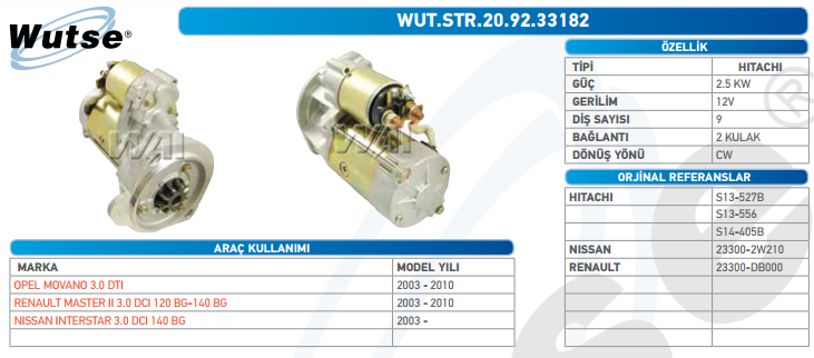 MARŞ MOTORU 12V (HITACHI TİPİ) 2.5KW 9T OPEL MOVANO