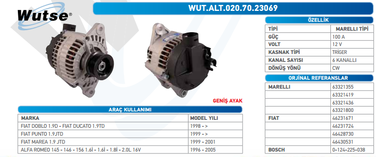 ALTERNATÖR 12V (MARELLİ TİP) 100A DOBLO 1,9D-1.9TD-PUNTO