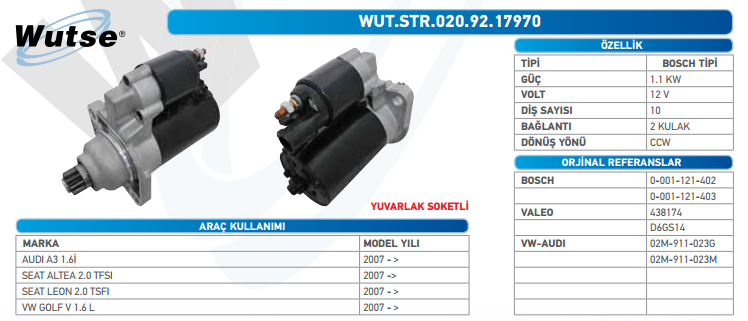 MARŞ MOTORU 12V (BOSCH TİPİ) A3 2.0/SEAT/SKODA/GOLF