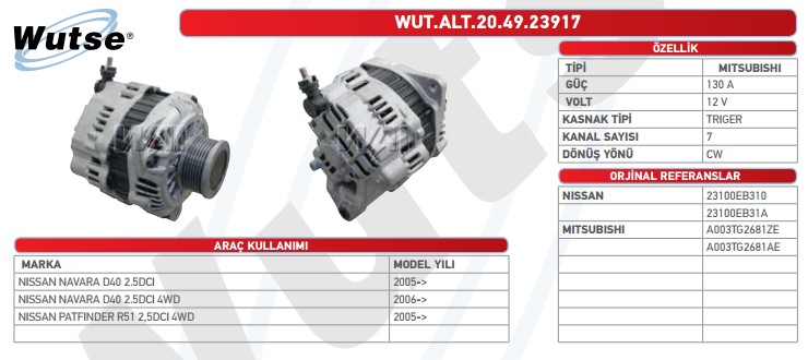 ALTERNATÖR 12V 130A NISSAN NAVARA D40