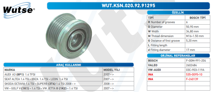 ALTERNATÖR KASNAĞI (BOSCH TİPİ) AUDI A3/SEAT ALTEA/SKODA OCTAVI