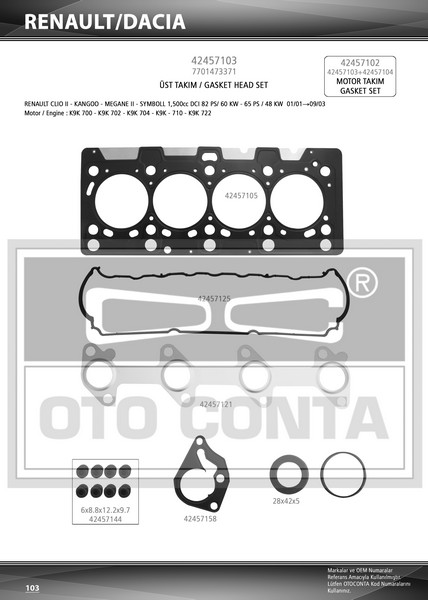 ÜST TAKIM CONTASI (TEFLON)(SUBAP LASTİKLİ)(S.K.C) RENAULT MEGANE II 1.5 DCİ / KANGOO 1.5 DCİ / CLIO II 1.5 DCİ 05-