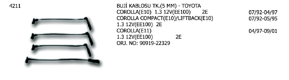 BUJİ KABLOSU TK. TOYOTA COROLLA 92-95 / STARLET 89-92