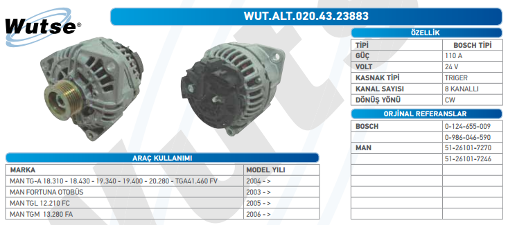 ALTERNATÖR 24V (BOSCH TİPİ) 110A MAN TG-A 18-24