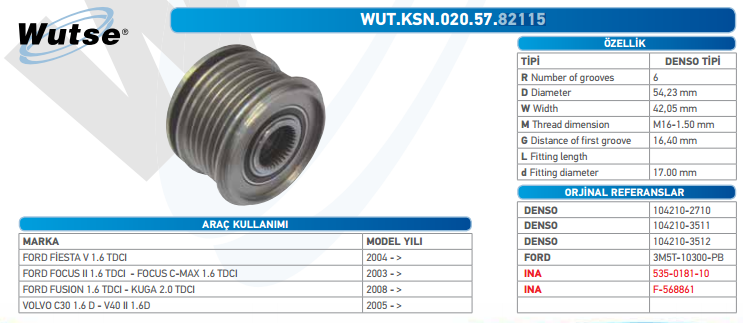 ALTERNATÖR KASNAĞI (DENSO TİPİ) 120A-150A 6K FIESTA V/FOCUS II