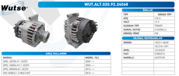 ALTERNATÖR 12V (DENSO TİPİ) 120A OPEL ASTRA