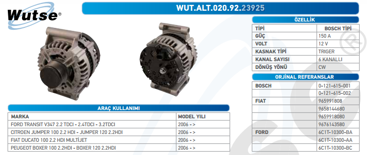 ALTERNATÖR 12V (BOSCH TİPİ) 156A FI DUCATO 2.0-FRD