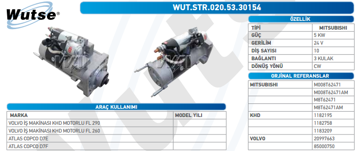 MARŞ MOTORU 24V (MITSUBISHI TİPİ) 5,0KW 10T VOLVO İŞ MAK.