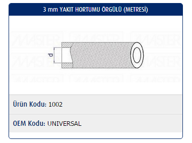 3 mm YAKIT HORTUMU ÖRGÜLÜ (METRESİ) UNIVERSAL