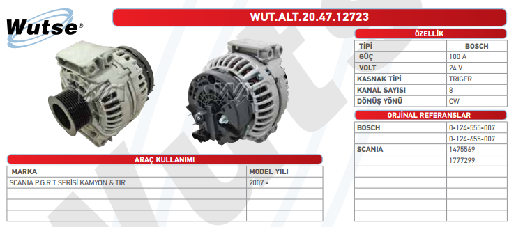 ALTERNATÖR 24V (BOSCH TİPİ) 100A SCANIA P.G.R.T SERİSİ KAM