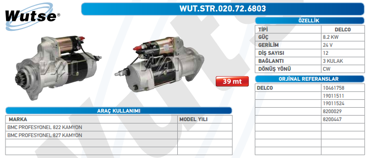 MARŞ MOTORU 24V (DELCO TİPİ) 8.2KW 12T 39MT BMC PRO 822