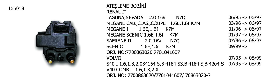 ATEŞLEME BOBİNİ RENAULT SCENIC / SAFRANE II / VOLVO S40 / V40 (ORJ.NO:7700863020)