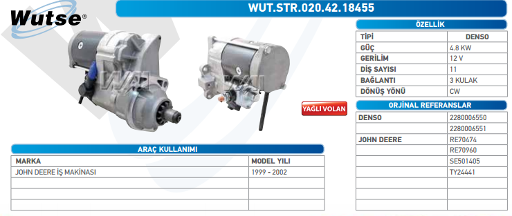 MARŞ MOTORU 12V (DENSO TİPİ) 4,8KW 11T JHON DEERE İŞ MK