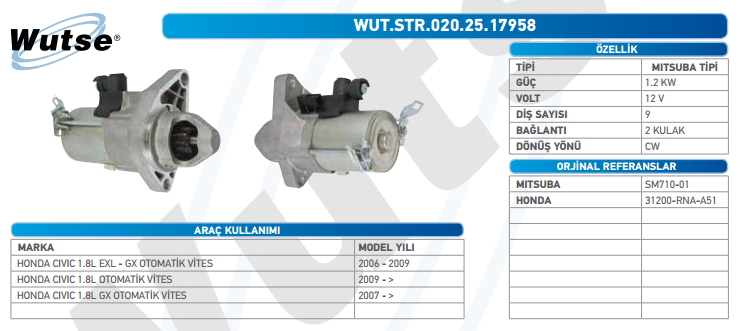 MARŞ MOTORU 12V (MITSUBISHI TİPİ) 1,2KW 9T HONDA CIVIC 1.8L