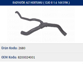 RADYATÖR ALT HORTUMU RENAULT CLIO II SYMBOL 1.4-1.6 16V