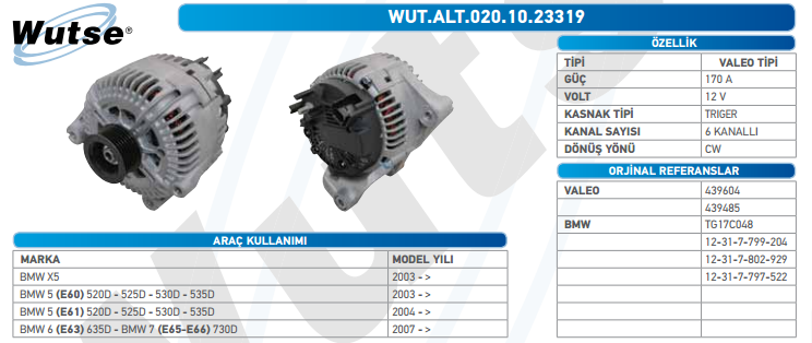 ALTERNATÖR 12V 170A BMW X5 - BMW 5 (E60) 5.20D 03-